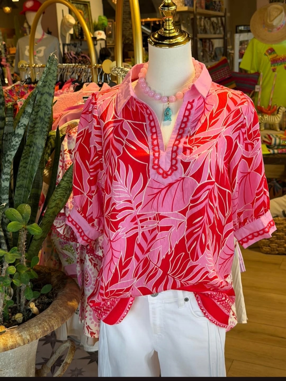 Umgee Pink & Red Printed V-Neck Blouse